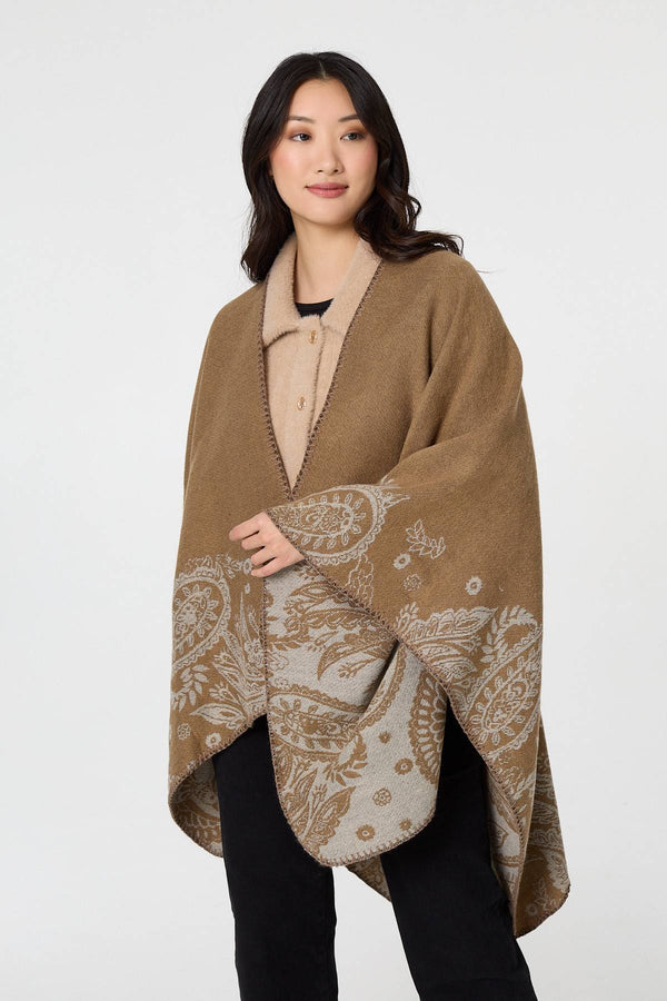 Beige | Border Print Relaxed Open Front Poncho
