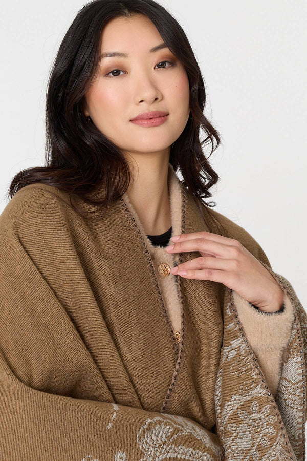 Beige | Border Print Relaxed Open Front Poncho
