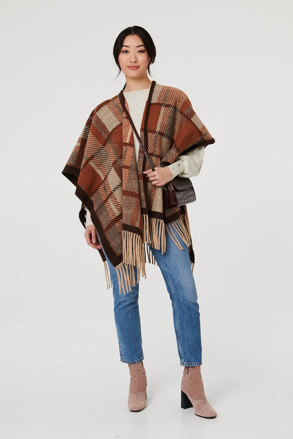 Beige | Checked Tassel Fringed Relaxed Poncho
