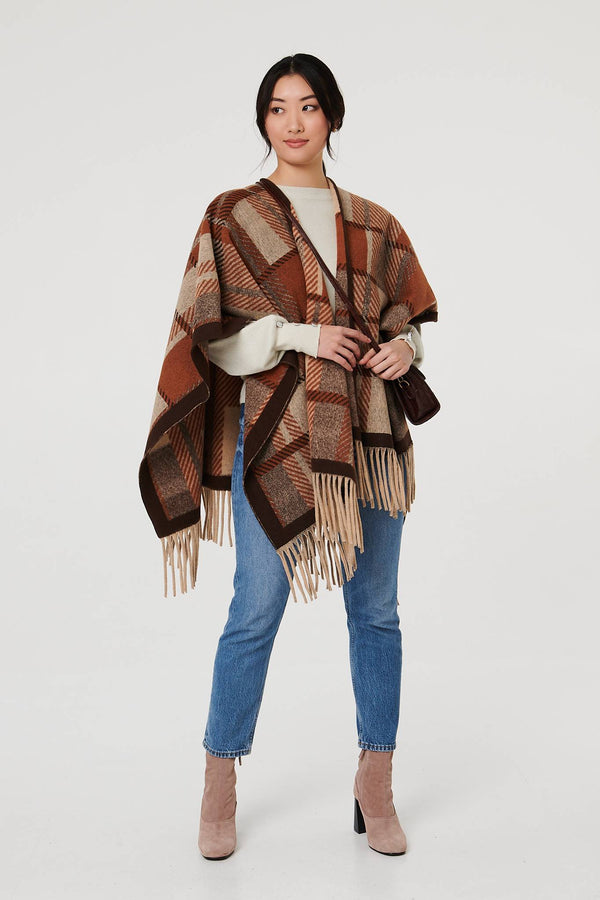 Beige | Checked Tassel Fringed Relaxed Poncho
