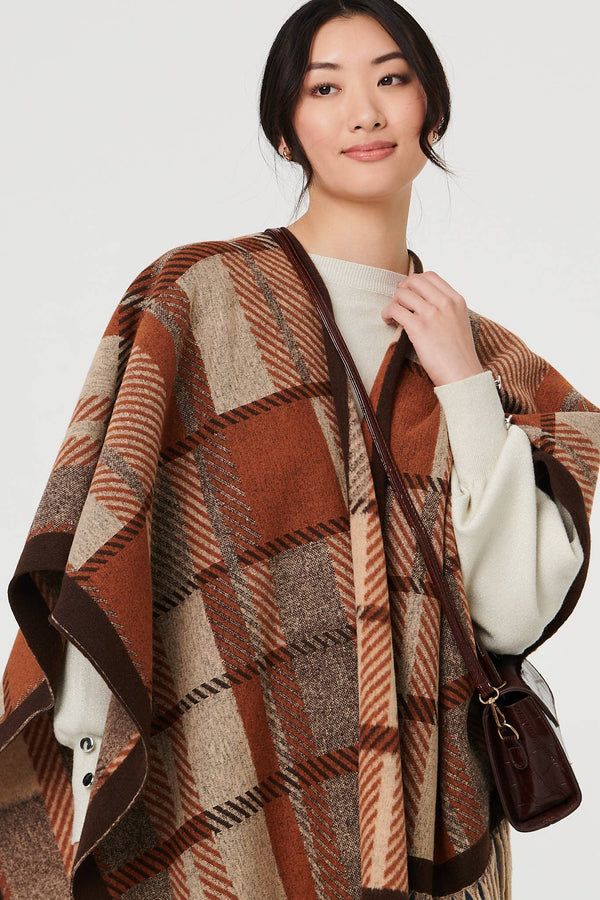 Beige | Checked Tassel Fringed Relaxed Poncho
