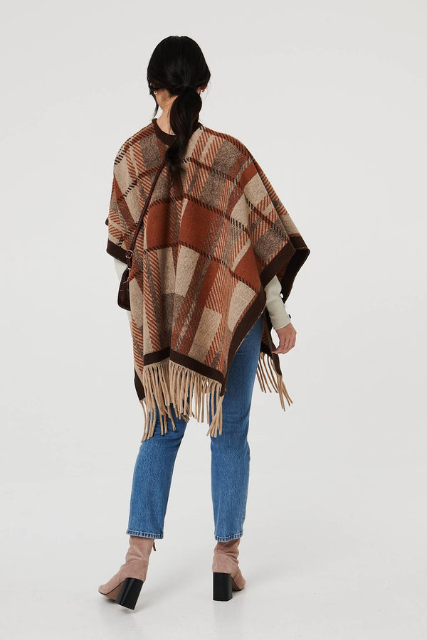 Beige | Checked Tassel Fringed Relaxed Poncho
