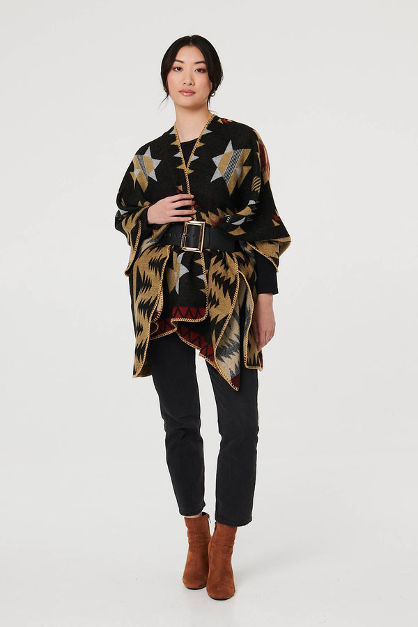 Black | Aztec Print Oversized Poncho
