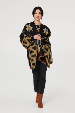 Black | Aztec Print Oversized Poncho
