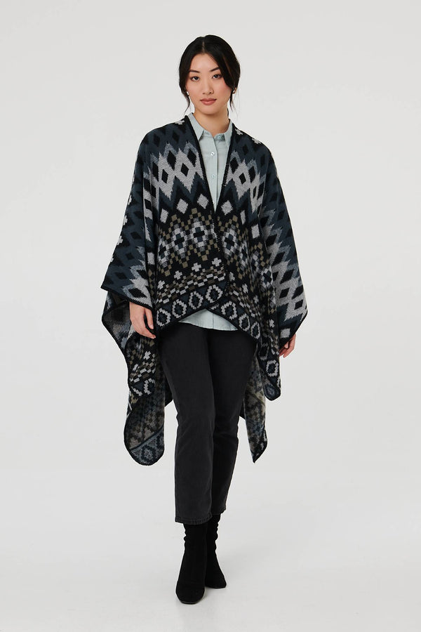 Grey | Aztec Print Relaxed Longline Poncho
