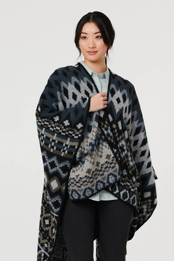 Grey | Aztec Print Relaxed Longline Poncho
