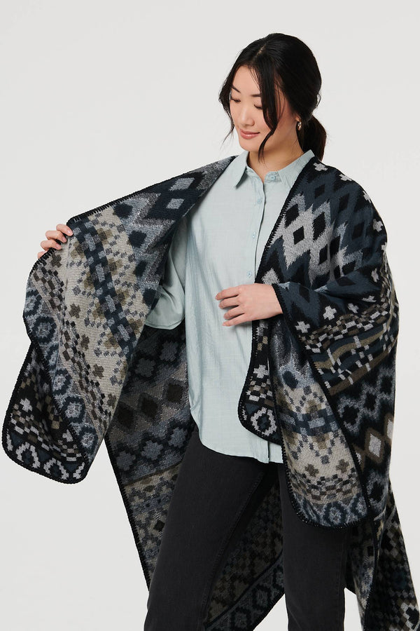 Grey | Aztec Print Relaxed Longline Poncho
