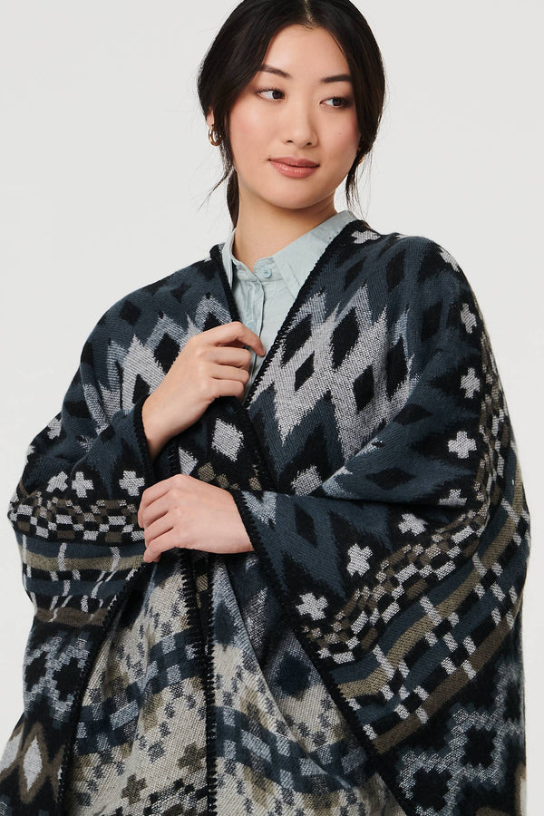 Grey | Aztec Print Relaxed Longline Poncho
