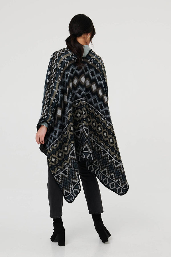 Grey | Aztec Print Relaxed Longline Poncho
