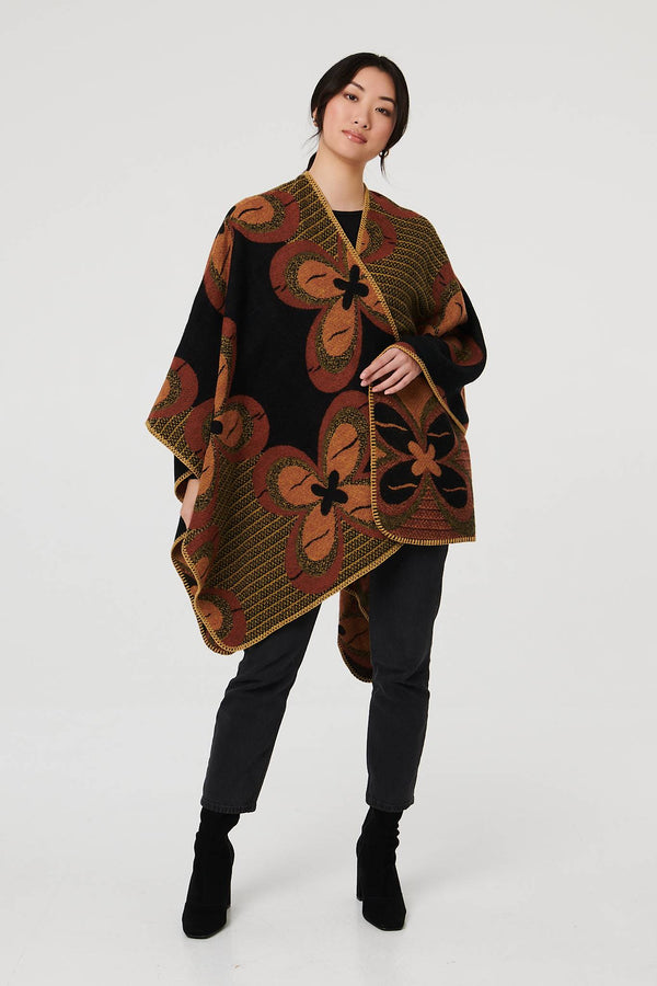 Black | Abstract Floral Print Longline Poncho
