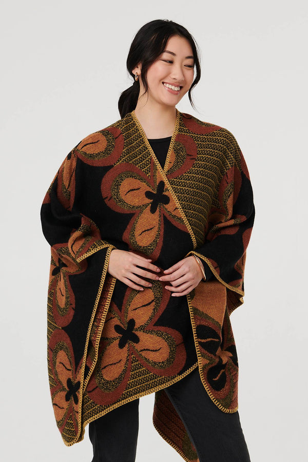 Black | Abstract Floral Print Longline Poncho
