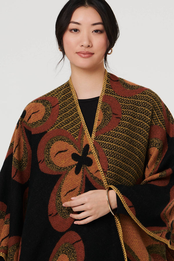 Black | Abstract Floral Print Longline Poncho
