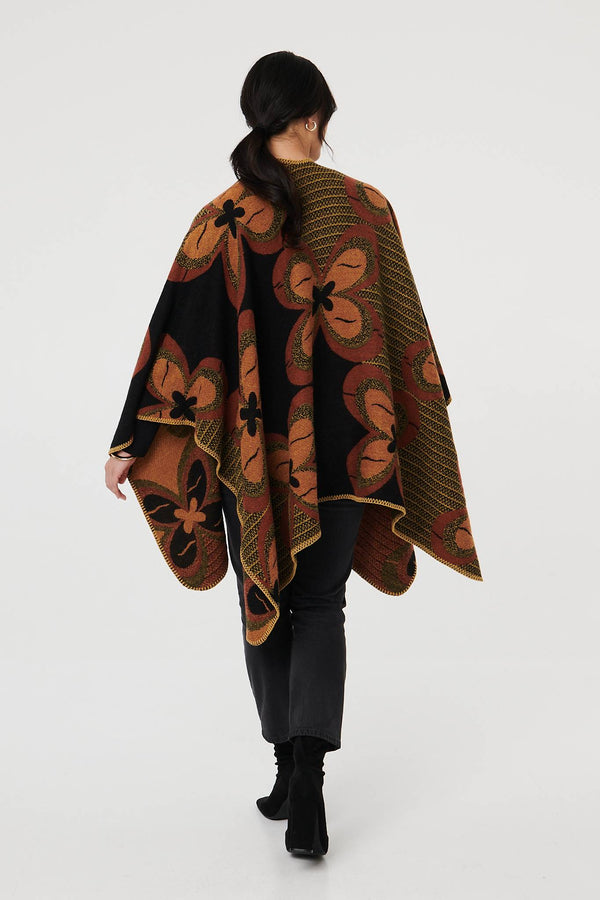 Black | Abstract Floral Print Longline Poncho
