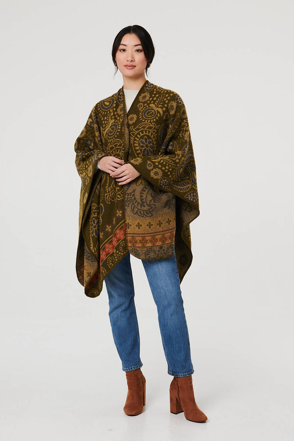 Beige | Border Print Longline Poncho
