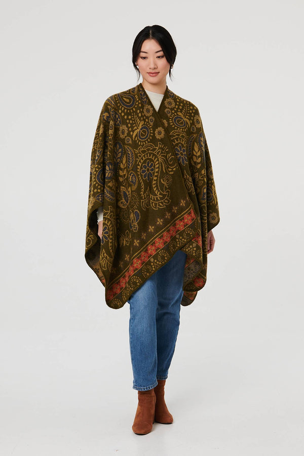 Beige | Border Print Longline Poncho

