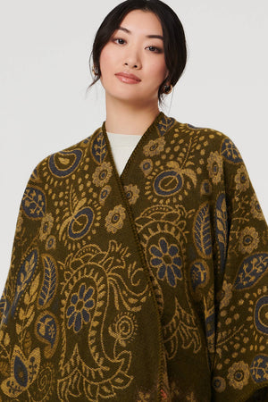 Beige | Border Print Longline Poncho
