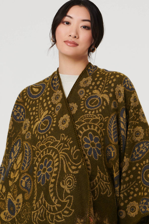 Beige | Border Print Longline Poncho
