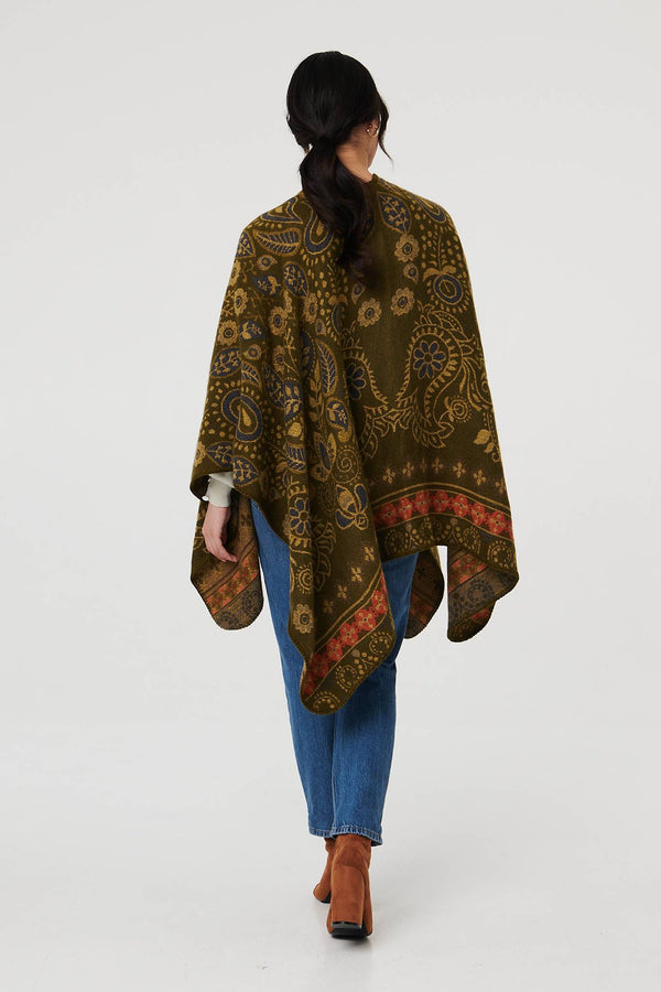Beige | Border Print Longline Poncho
