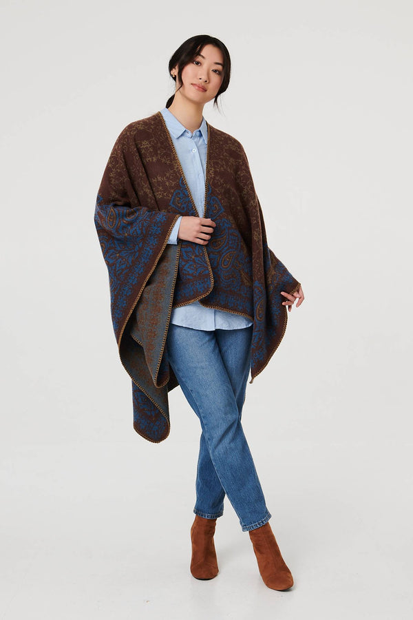 Beige | Paisley Print Oversized Poncho
