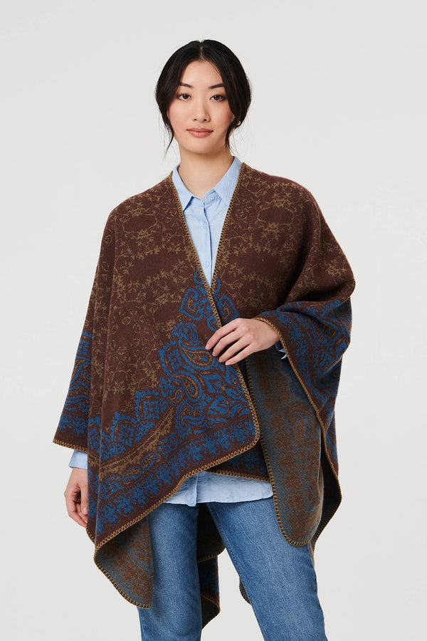 Beige | Paisley Print Oversized Poncho
