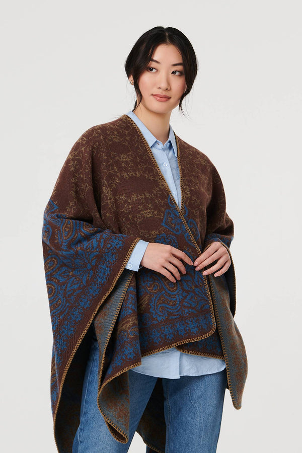 Beige | Paisley Print Oversized Poncho
