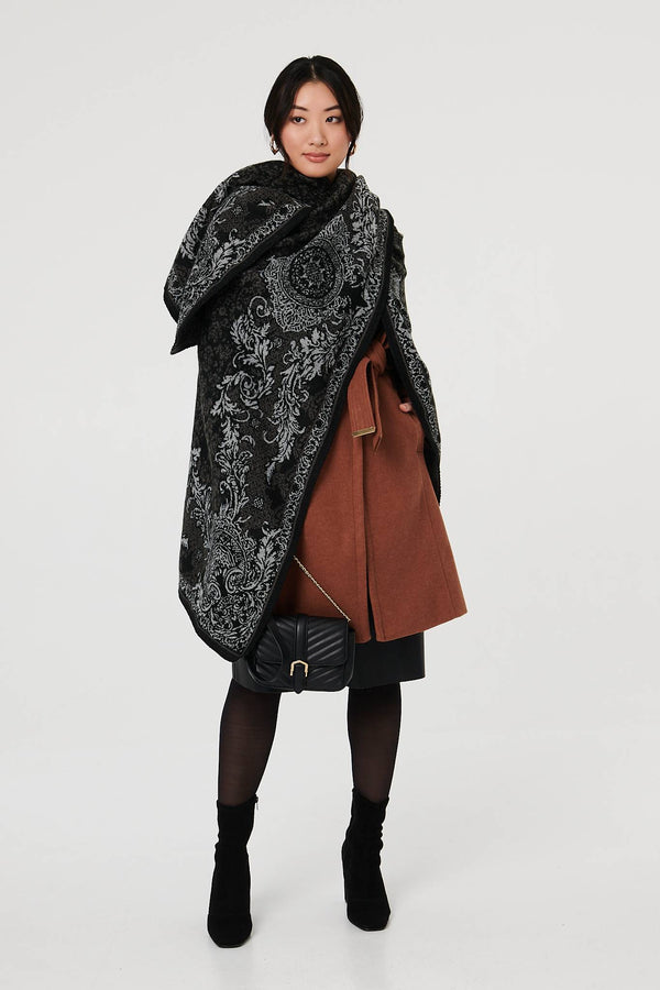 Black | Damask Print Hanky Hem Poncho
