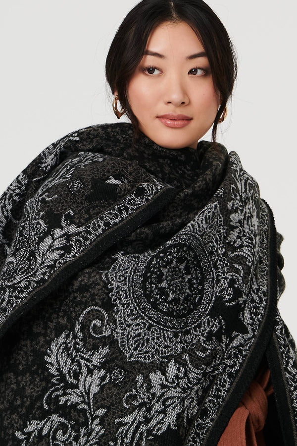 Black | Damask Print Hanky Hem Poncho
