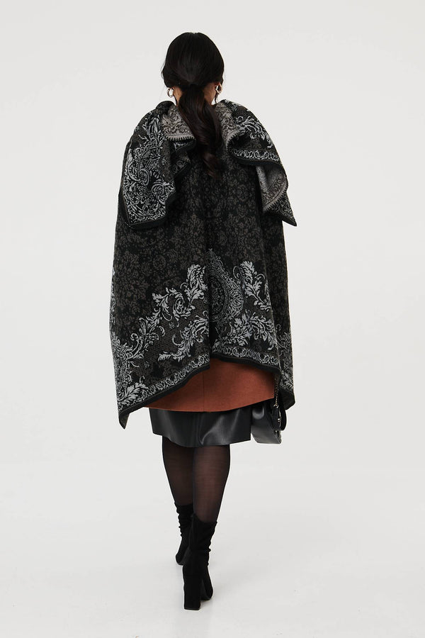 Black | Damask Print Hanky Hem Poncho
