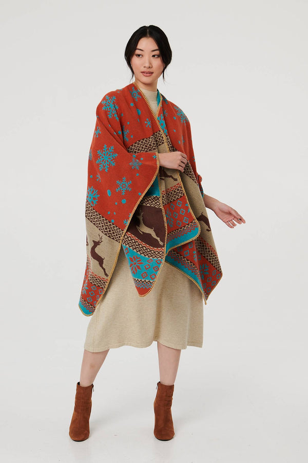 Orange | Nordic Print Hanky Hem Poncho
