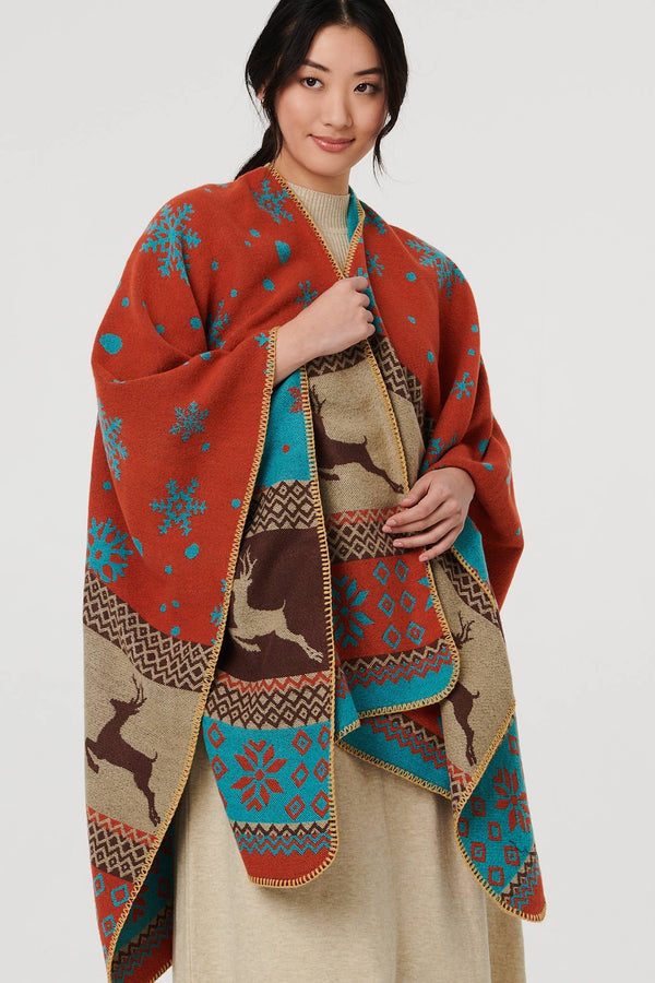 Orange | Nordic Print Hanky Hem Poncho

