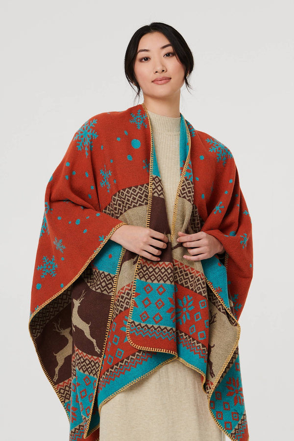 Orange | Nordic Print Hanky Hem Poncho
