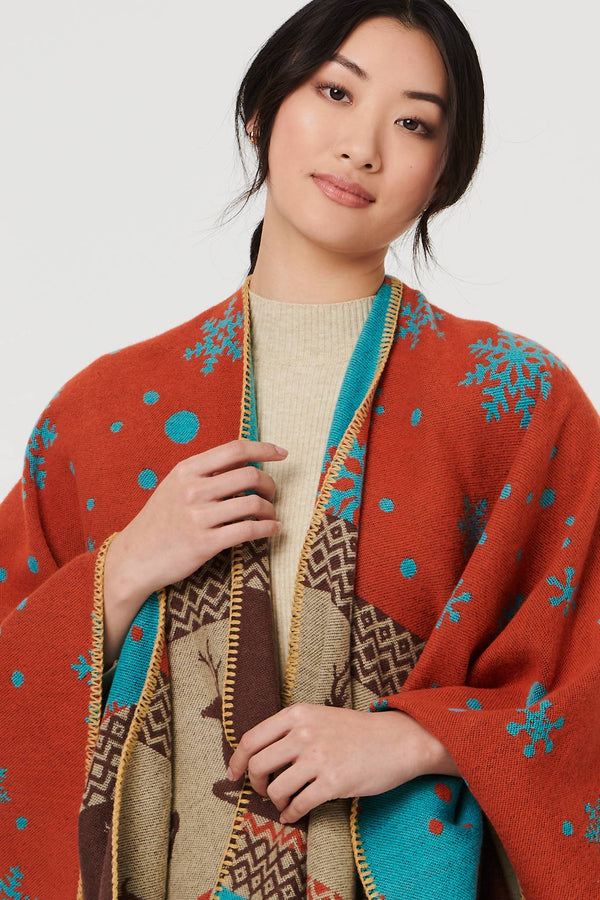 Orange | Nordic Print Hanky Hem Poncho
