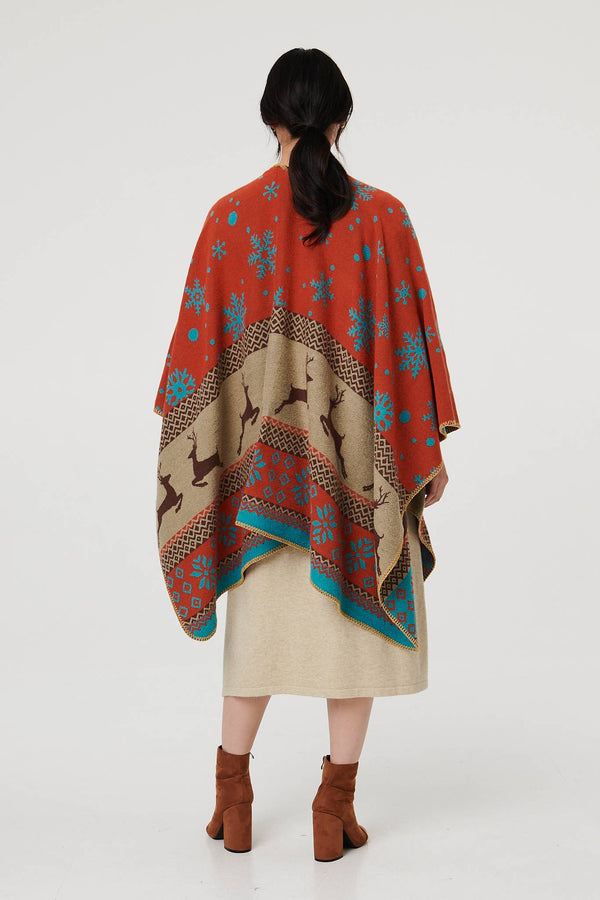 Orange | Nordic Print Hanky Hem Poncho
