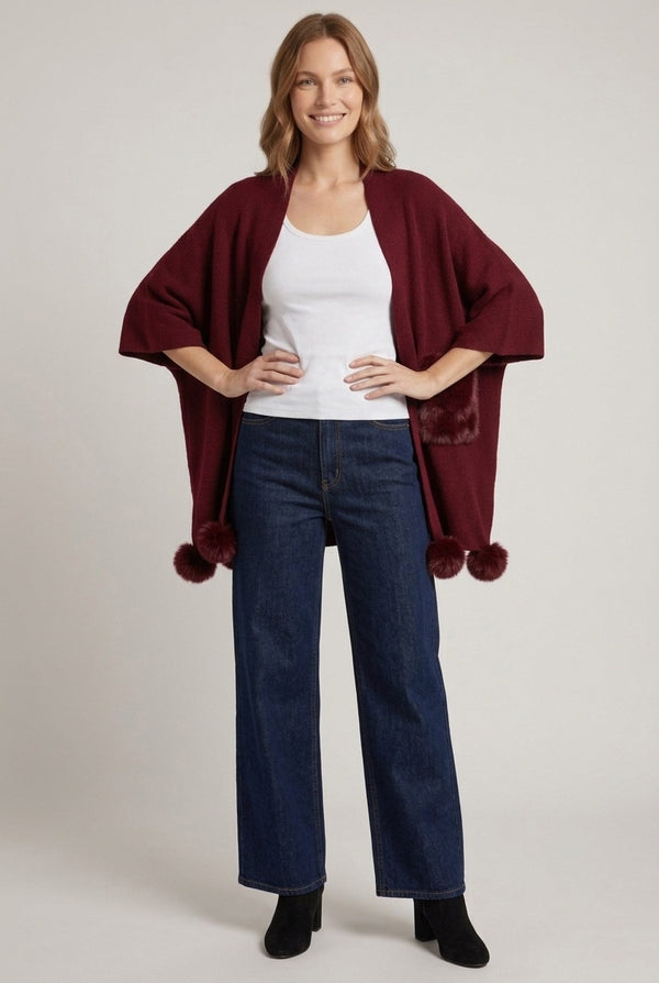 Burgundy | Faux Fur Trim Tie Front Relaxed Poncho