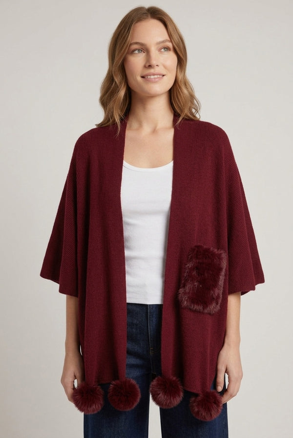 Burgundy | Faux Fur Trim Tie Front Relaxed Poncho