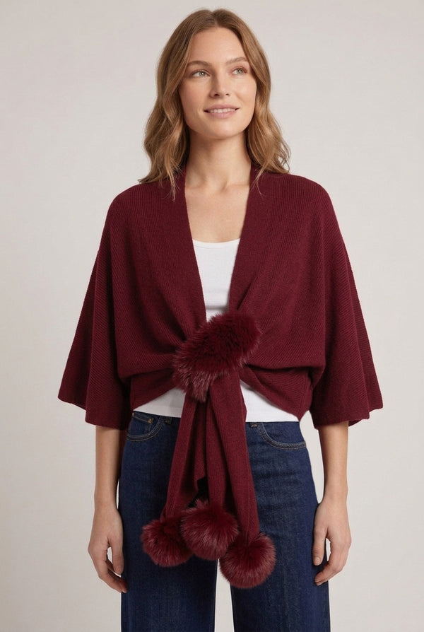 Burgundy | Faux Fur Trim Tie Front Relaxed Poncho