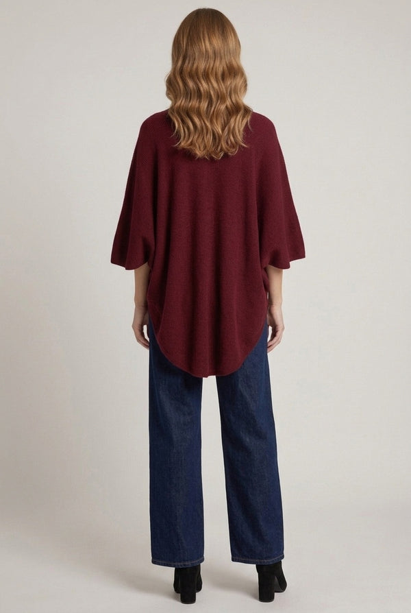 Burgundy | Faux Fur Trim Tie Front Relaxed Poncho