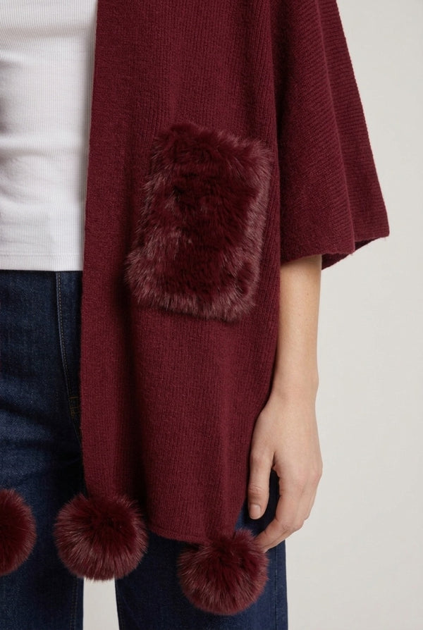 Burgundy | Faux Fur Trim Tie Front Relaxed Poncho