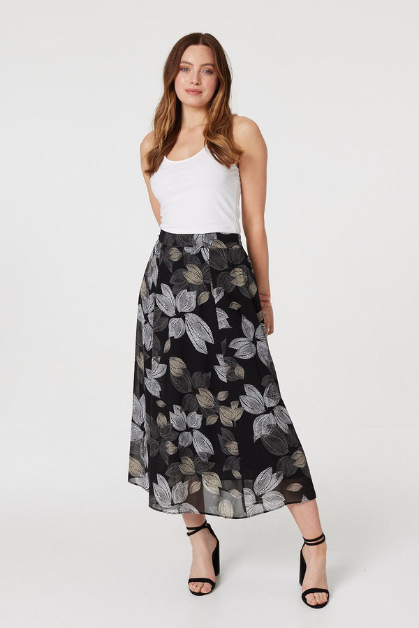 Black | Leaf Print High Waist Midi Skirt