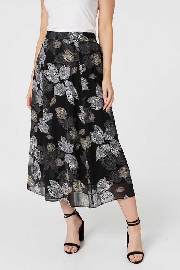 Black | Leaf Print High Waist Midi Skirt