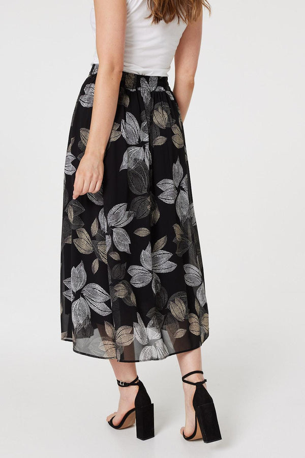 Black | Leaf Print High Waist Midi Skirt