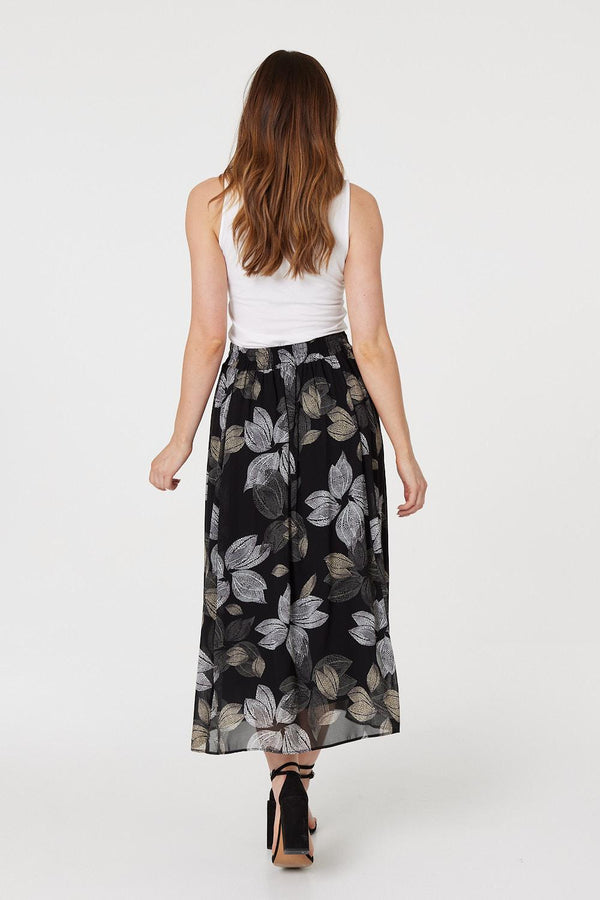 Black | Leaf Print High Waist Midi Skirt