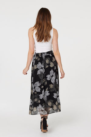 Black | Leaf Print High Waist Midi Skirt