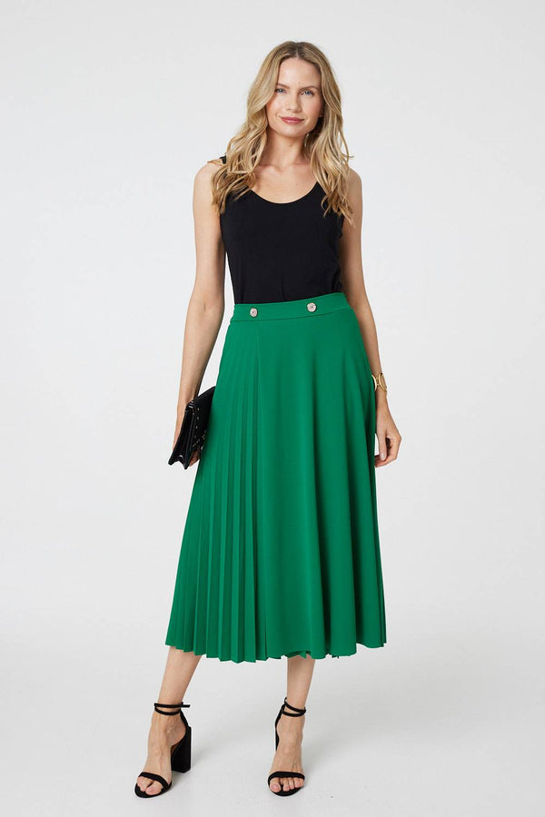 Green | Pleat Detail High Waist A-Line Midi Skirt