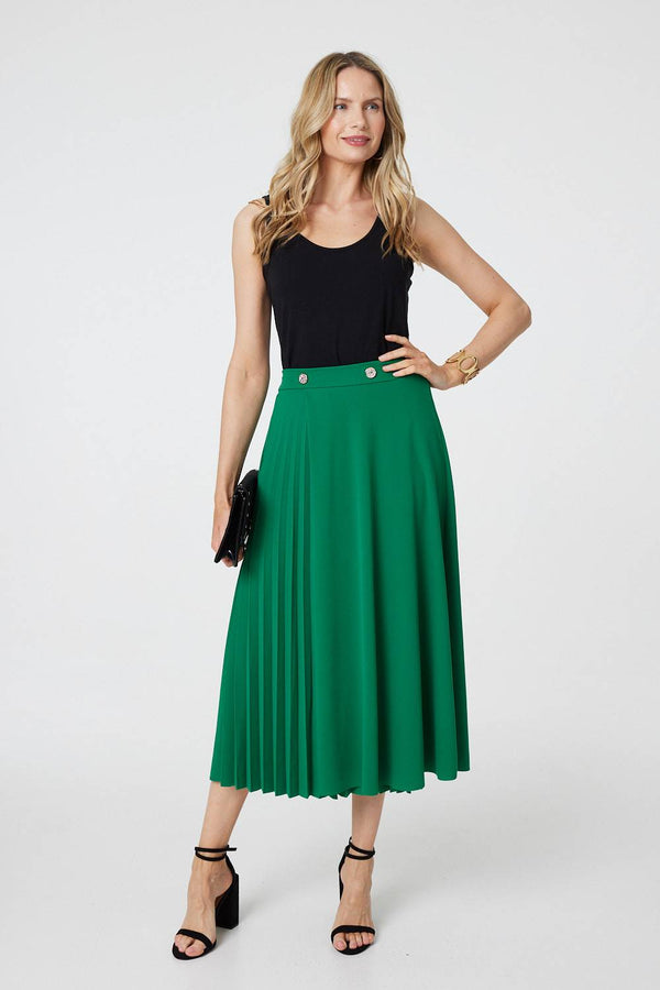 Green | Pleat Detail High Waist A-Line Midi Skirt