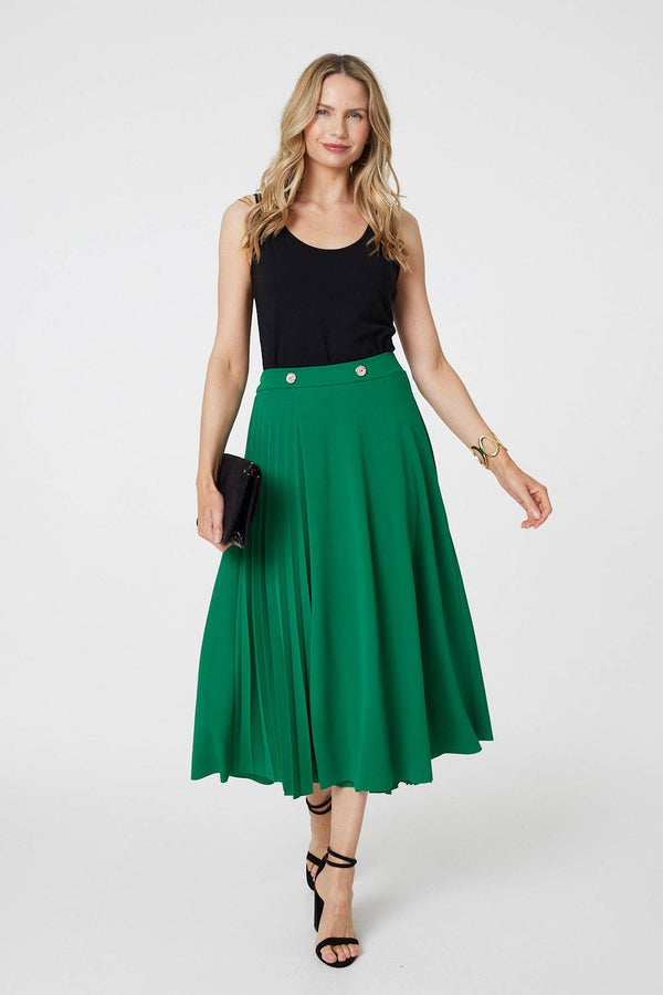 Green | Pleat Detail High Waist A-Line Midi Skirt