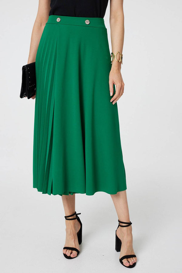 Green | Pleat Detail High Waist A-Line Midi Skirt