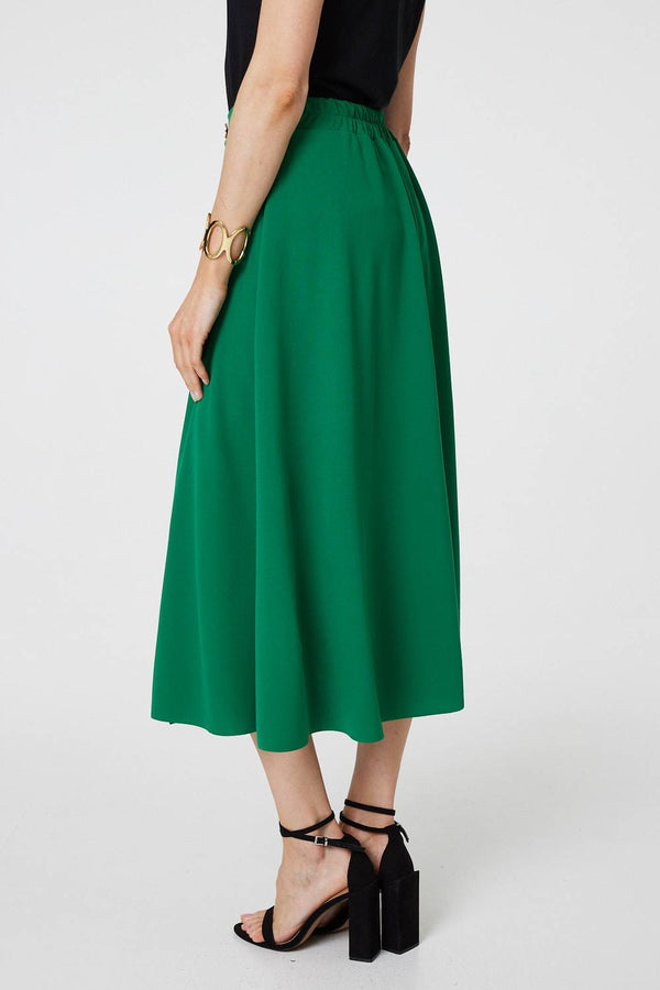 Green | Pleat Detail High Waist A-Line Midi Skirt