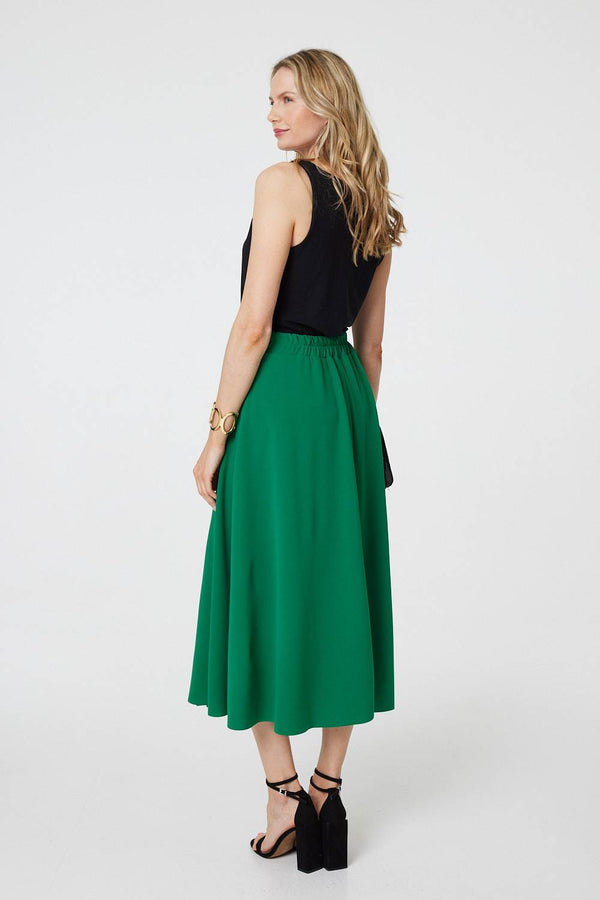 Green | Pleat Detail High Waist A-Line Midi Skirt