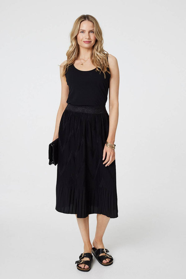Black | Pleated High Waist A-Line Midi Skirt